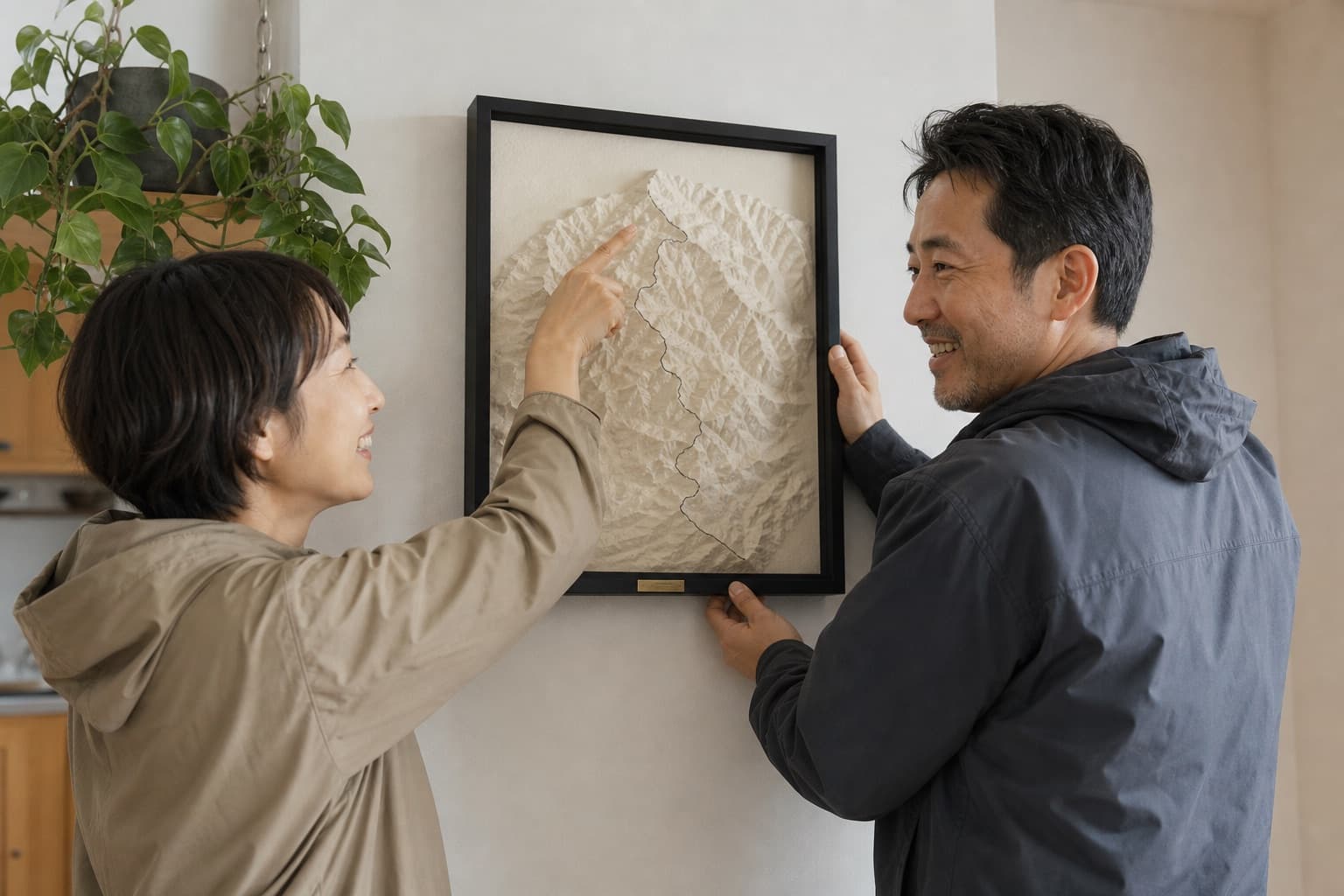 ふたりで歩いたルートの作品を壁に飾る夫婦