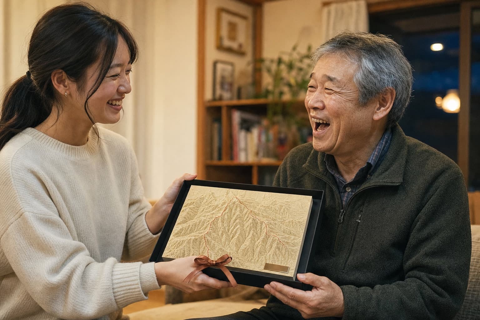 山好きの父親へ額装の立体地形アートを手渡す娘