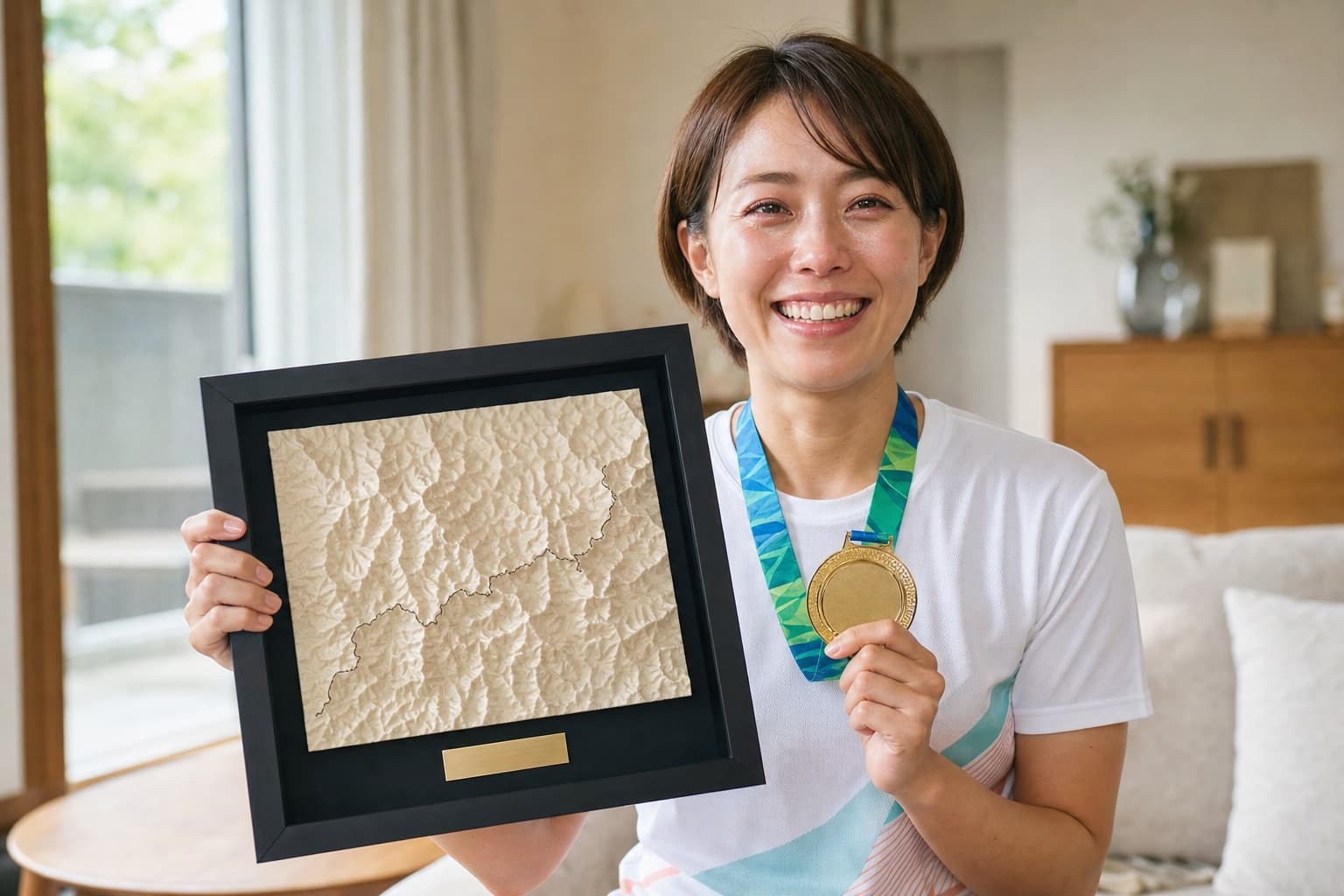 完走メダルと立体地形アートを手に微笑むランナー